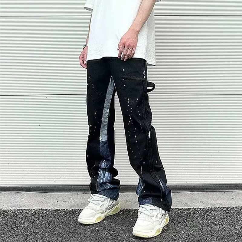 2024 г. Roupas Y2K уличная одежда Канье лоскутные мешковатые джинсовые брюки Мужская