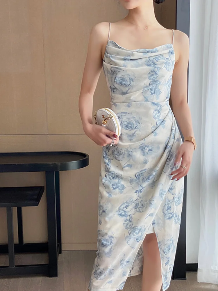 

Churses French Sling Dress Satin Printed Tie-Dyed Sexy Summer Dress Midi Length Fashion Advanced Sleeveless Long Dress 2023 New