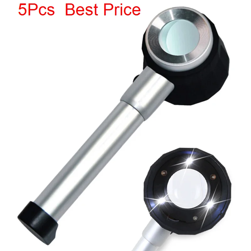 

5Pcs/lot 10x Aluminum Alloy Hand-held Measuring Magnifier with Scale 3 Led Lights Optical Glass Baijiu Identification Magnifier