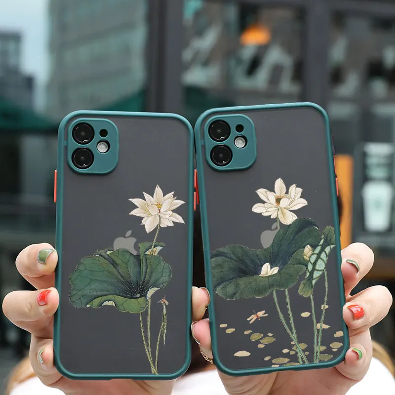 

Lotus Pink White Flowers Green Leaf White Crane Phone Case For iPhone 11 13 12 14 Pro Max X XR XS 7 8 Plus SE2 Protection Cover