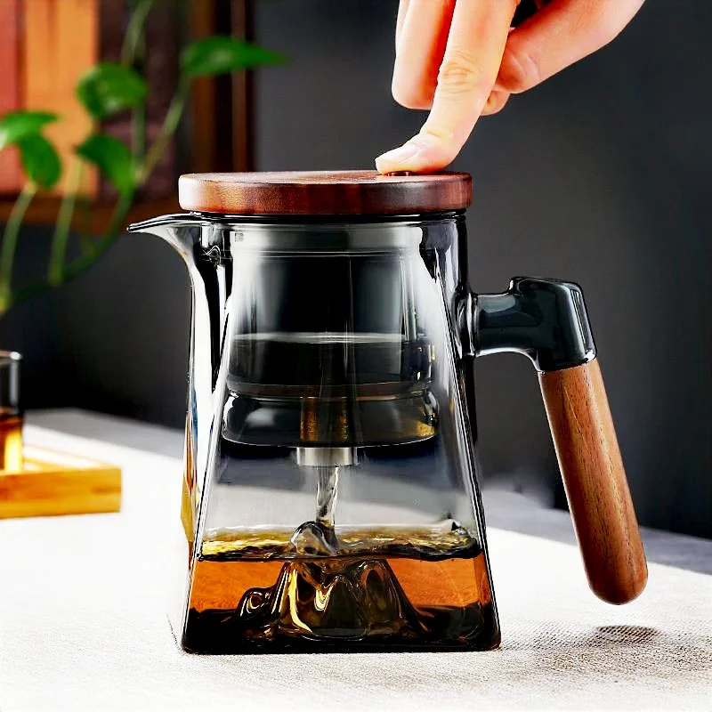 

One Click Tea Separation Filtration Bottom Mountain View Glass Teapot With Wood Handle 700ml Kungfu Tea Water Separation Tea Pot