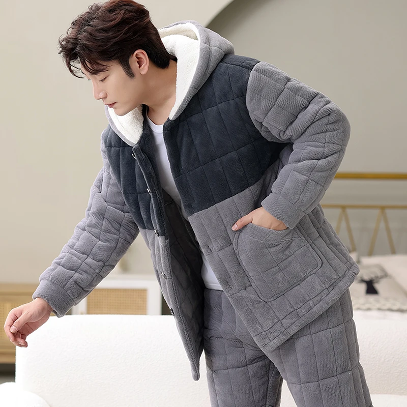 Мужские пижамы на осень и зиму флисовой подкладке утолщенная трехслойная куртка