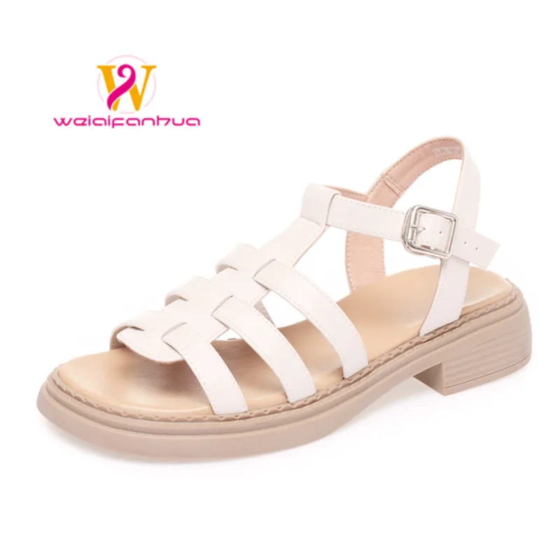 Sandals Women's Genuine Leather Summer 2023 New French Style Woven Flat Soles Vintage Openwork Roman Women's Sandals Luxury