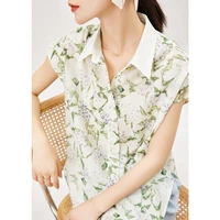 high quality design summer woman shirts prairie chic polyester chiffon thin turn down collar printing women shirts blouses