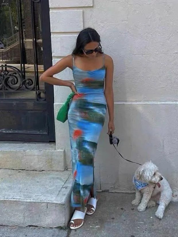 

Women Summer Miao Thais Motion Blue Print Mesh-line Side Slit Slip Maxi Dress