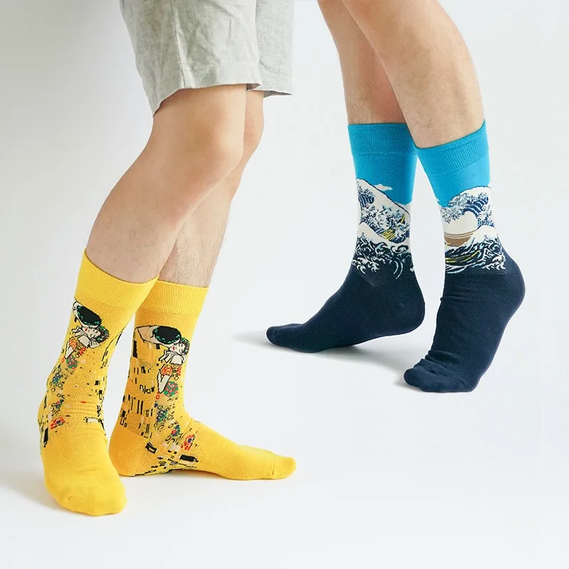 Socks Female Tide Net Red Oil Painting Art Men's High Socks Ins Long Retro Niche Abstract Couple Socks