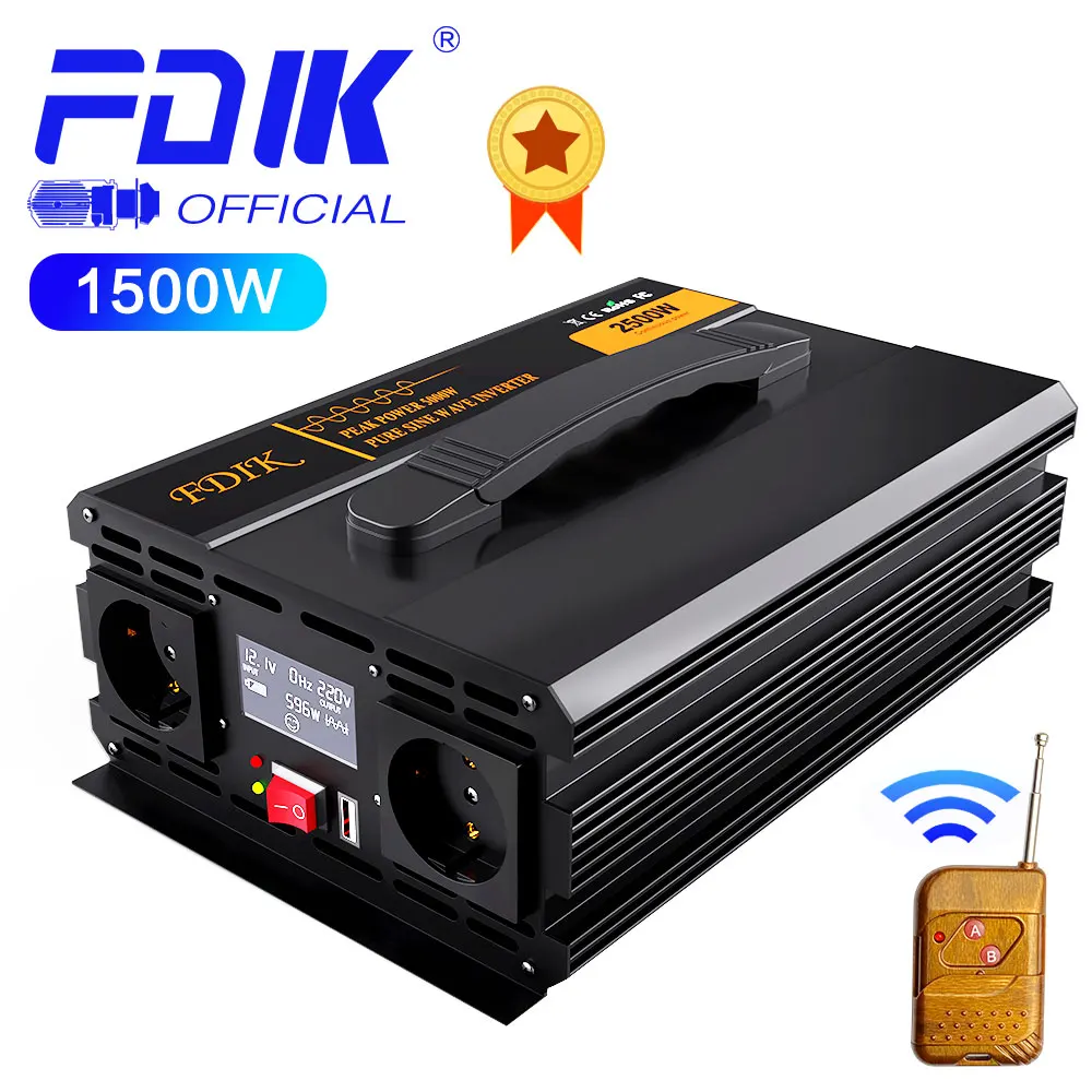 

FDIK Portable 1500W Pure Sine Wave Inverter DC12V to AC 220V with Remote Boot and LCD Display Power Converter Solar inverter