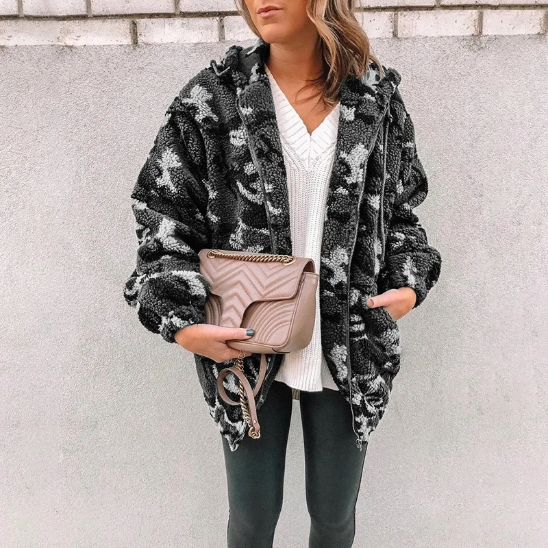 2022 Autumn and Winter New Women's Casual Fashion Camouflage Hooded Drawstring Plush Sweater Zipper Sweater Jacket Women