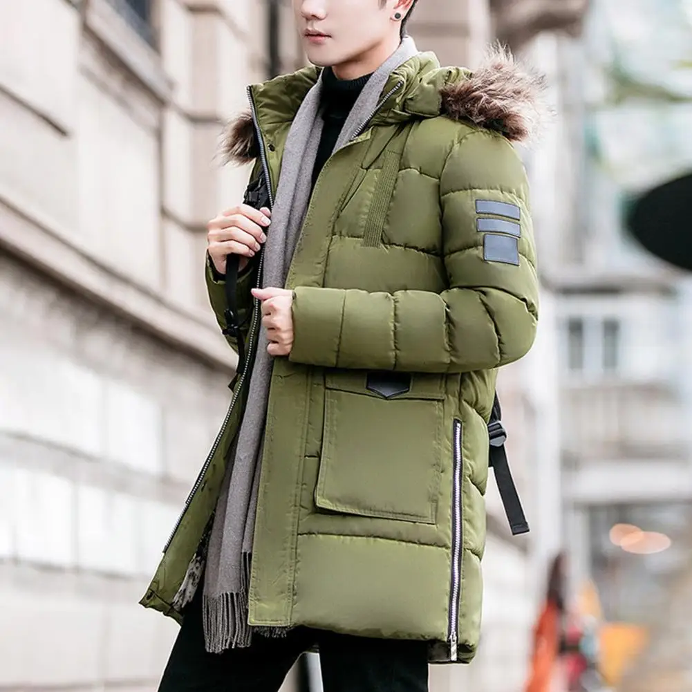 Men Cotton Coat Hooded Zipper Split Solid Color Padded Furry Keep Warm Thicken Zipper Plus Size Men Down Coat for Camping