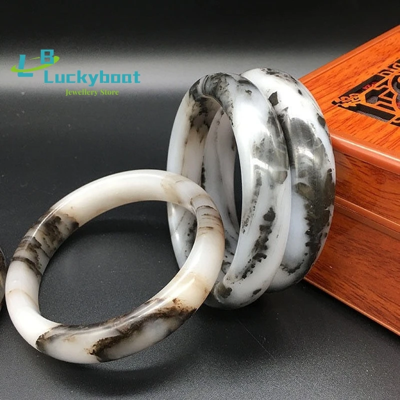 

Natural Gobi Jade Hand Carved Ice Silk Wide Band Bracelet Fashion Boutique Jewelry Women's Cyan Black Beauty Bracelet