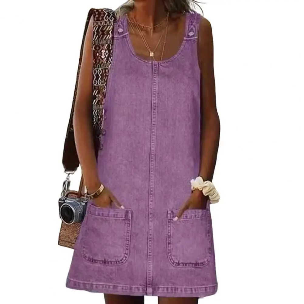 

Летнее платье, женское свободное платье из искусственной джинсовой ткани с круглым вырезом и карманами, однотонное платье на бретелях для д...