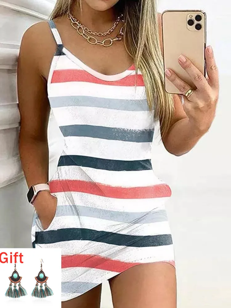 

Summer Dress Colorful Striped Pocket Sleeveless Mini Dresses For Women Fashion O-Neck Sleeveless Vestidos Gift Pair Of Earrings