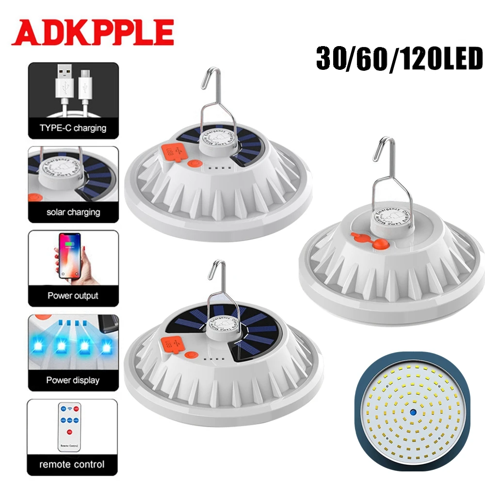 

Portable Solar Light Camping Lantern With Remote Control Tent LED Light Emergency Rechargeable Mobile Power Bank For BBQ Hiking