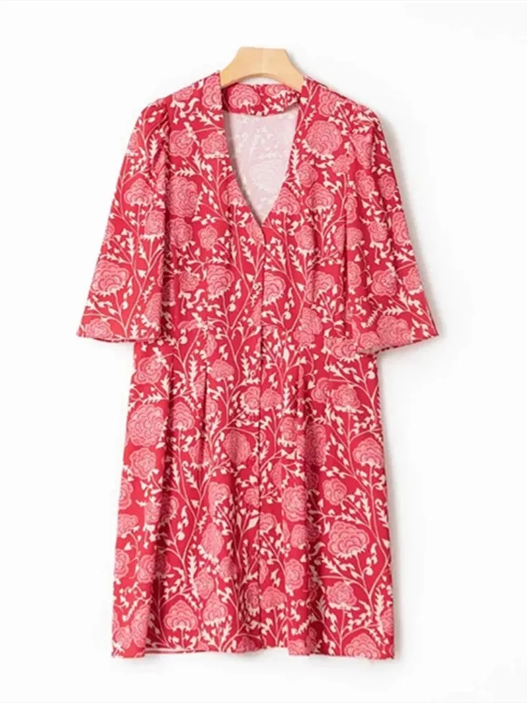 

Women Sweet Floral Print V-Neck Mini Dress Short Sleeve Ladies Slim Waist Single-Breasted Robes 2022 Early Spring Holiday
