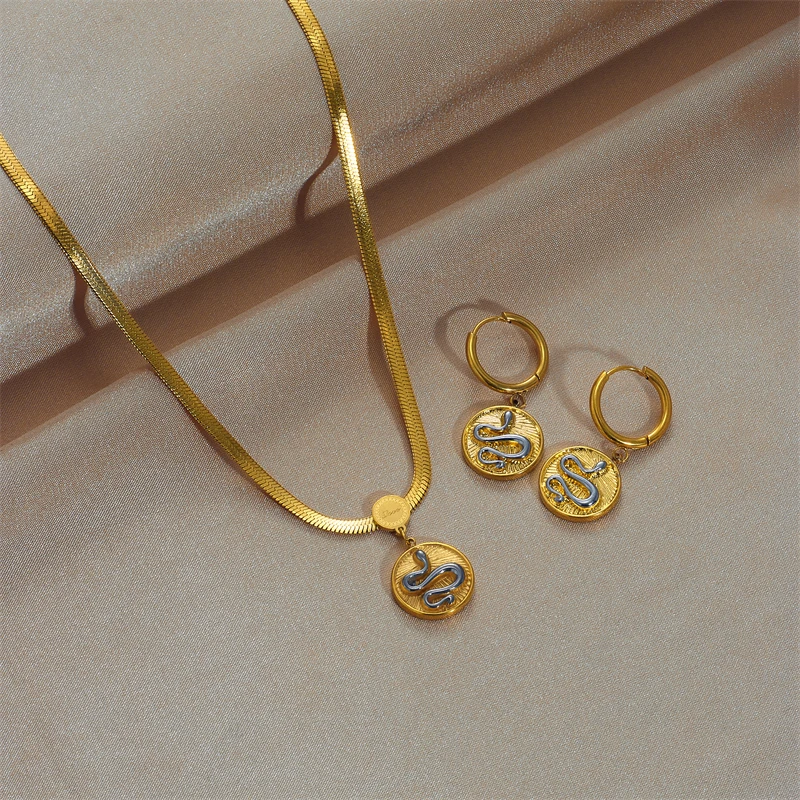 

MEYRROYU 316 Stainless Steel Hiphop Gold Color Snake Pendant Chain Jewelry Sets For Women Necklace and Earrings Party Gift