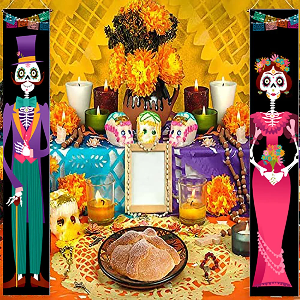 

Mexican Day of The Dead Party Decorations Cinco De Mayo Porch Banner Skull Bride Ghost Couple Halloween Couplet Door Curtain