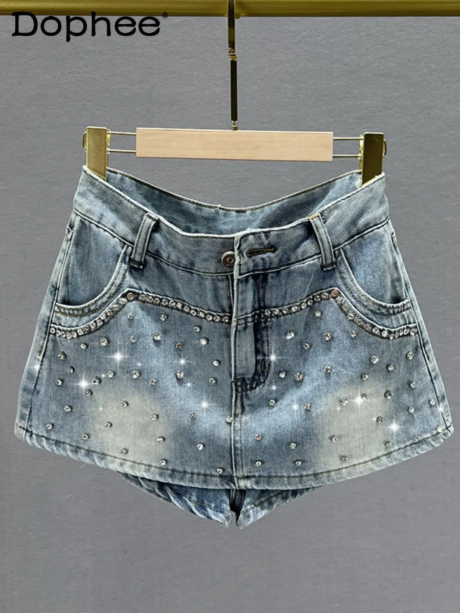 

Exquisite Rhinestone Denim Shorts Women Skirt Shorts Summer Mid-Waist Slim Fit Slimming Fake Two-Piece Jeans Shorts Hot Pants