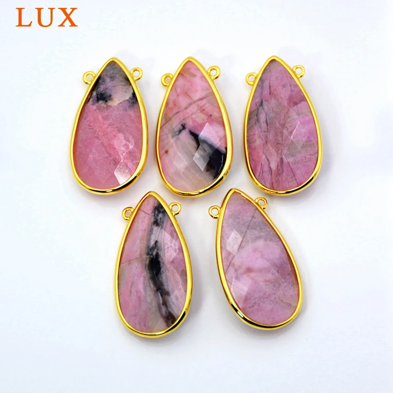 Natural Rhodonite Pendant Teardrop Connector 30x15mm Handmade Gold Bezel Gemstone Charm Red Stone Jewelry | Украшения и