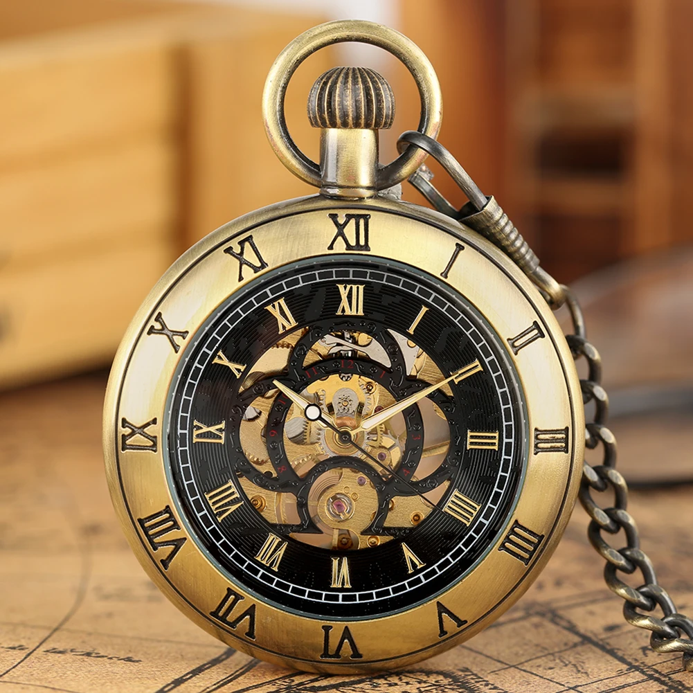 

Bronze/Black/Silver Hand-Winding Pendant Pocket Watch Retro Roman Numerals Dial Capless Mechanical Pocket Watches Clock Gifts