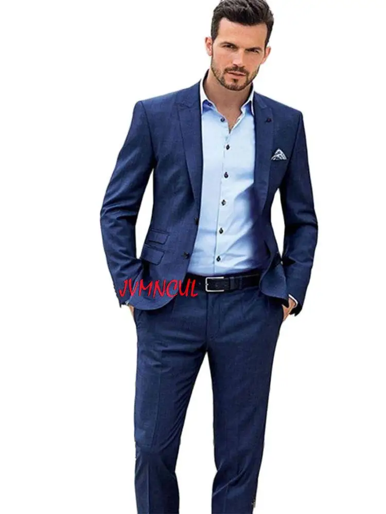 

2 шт., Элегантные Синие мужские костюмы с отложным воротником с вырезом, индивидуальный Блейзер, брюки для шафера, свадебный смокинг, деловые...