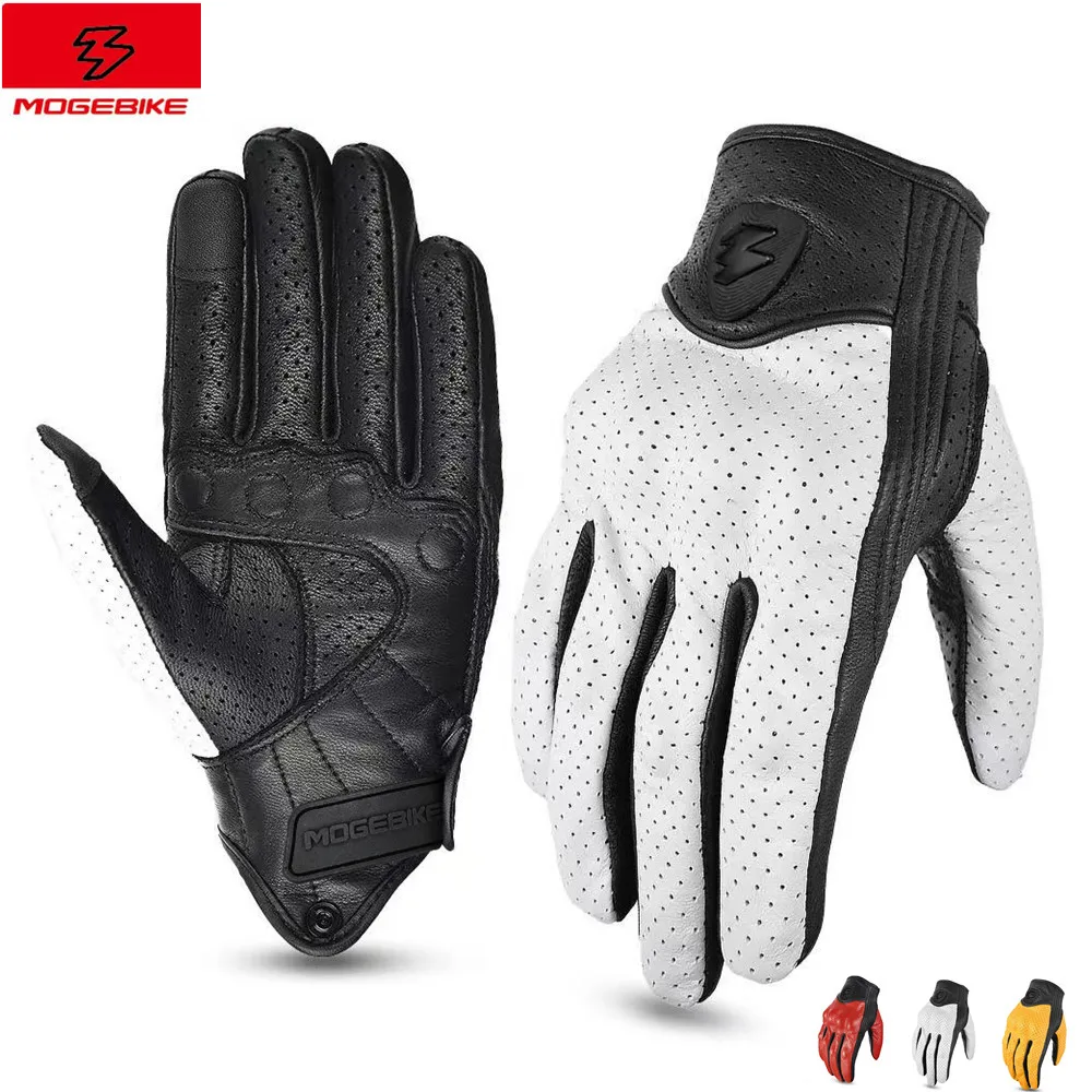 MOGEBIKE White Red Summer Breathable Perforation Motorcycle Gloves Retro Leather Full Finger Touchscreen Protection Glove