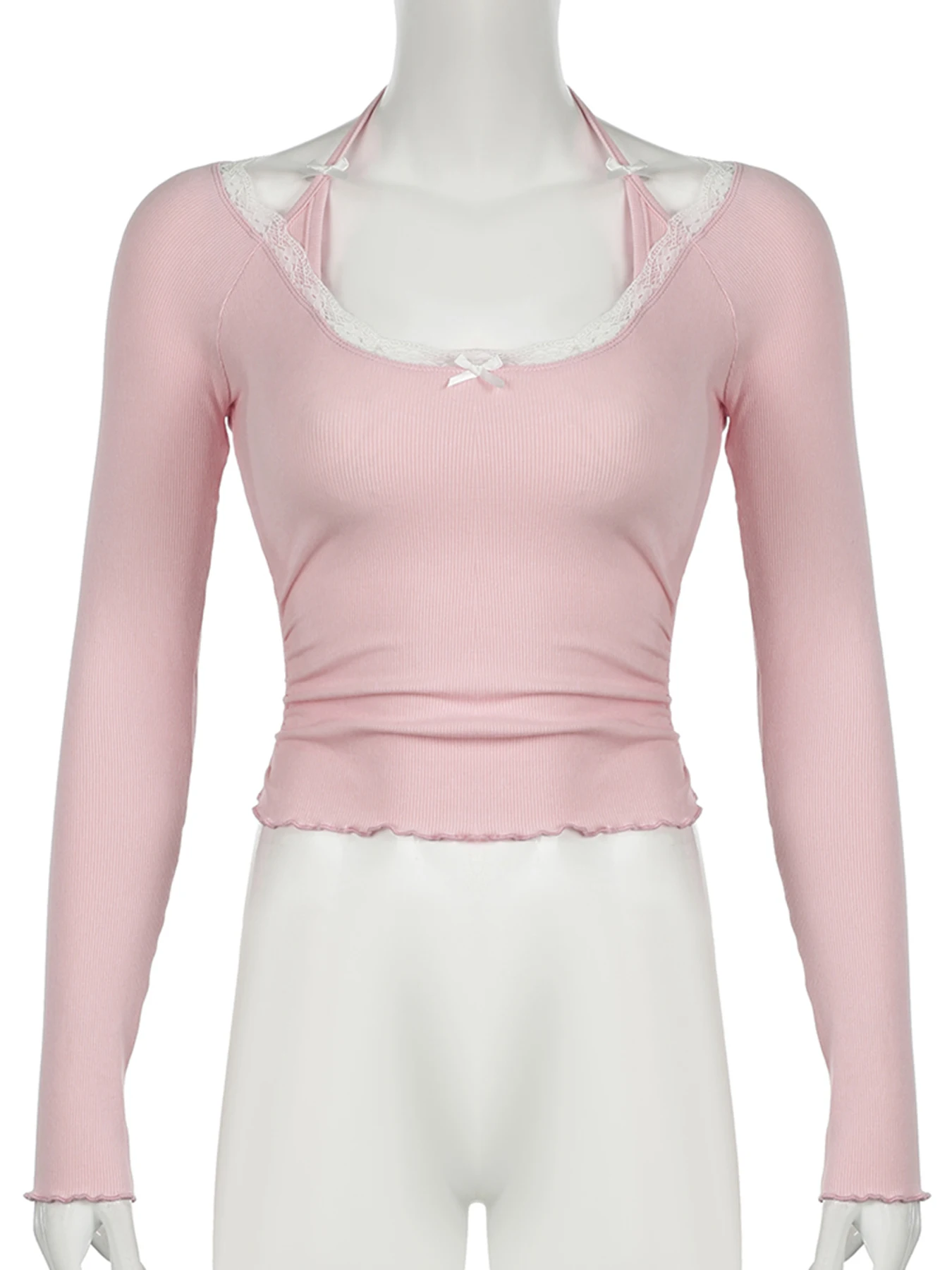 Футболка на шнуровке с имитацией двух предметов однотонная длинным рукавом