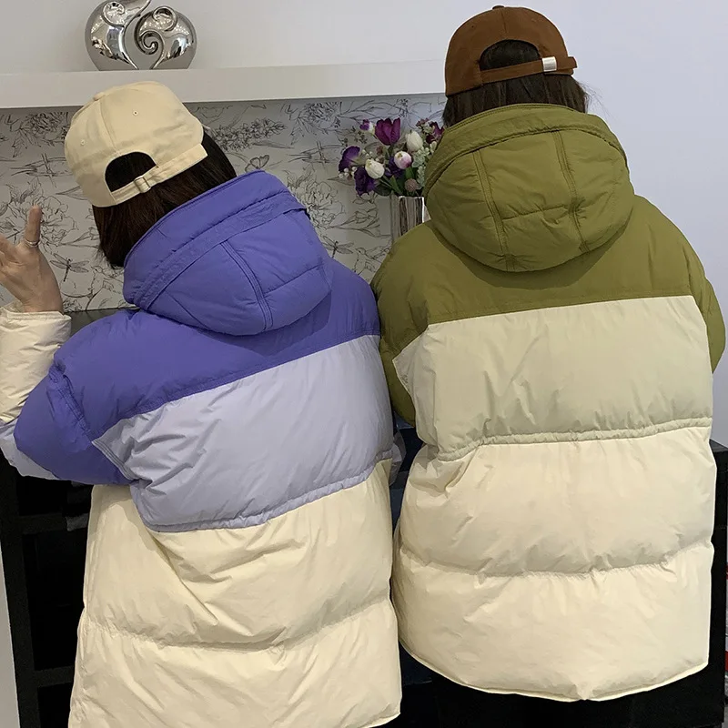 Piece of Colour Down Jacket Women's Winter New Hooded Cotton Jacket White Duck Down Loose Waist Loose Warm Thickened Jacket