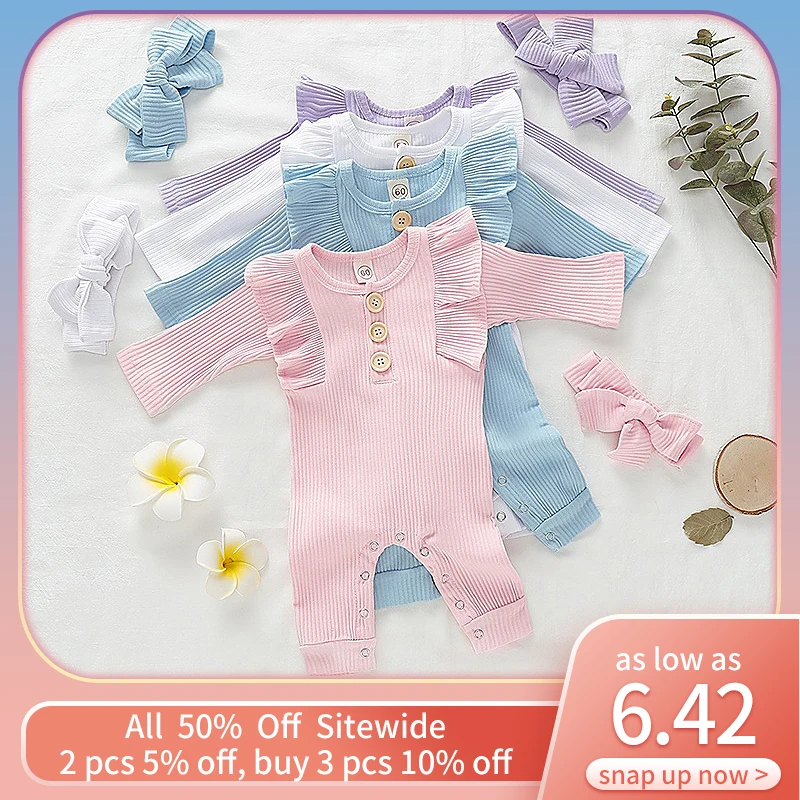 

0-18M Autumn Winter Long Sleeve Lace Baby Romper Bowknot Headband Set Infant Todder Solid Knitted Ruffle Jumpsuit Newborn Outfit