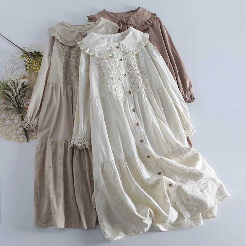 

Summer Dress New Short-sleeved Embroidered Women's Mori Small Fresh Lace Lapel Lace Stitching Cotton Dress