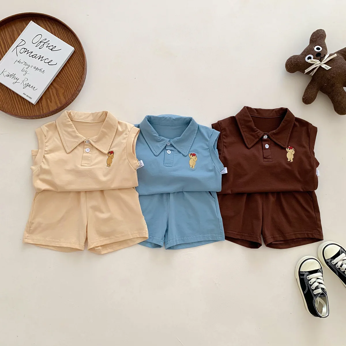 

2023 New Fashion Summer Children Boy 2PCS Clothes Set Turndown Collar Sleeveless Top Solid Cotton Shorts Tracksuit Kids Outfits