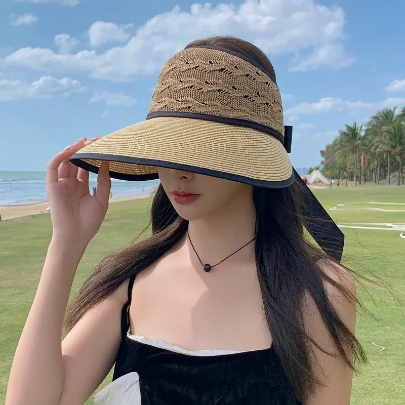 

2023 Korean Hat Women's Graceful Bow Corrugated Straw Hat Outdoor Travel Sun Protection Sun Hat Breathable Sun Hat