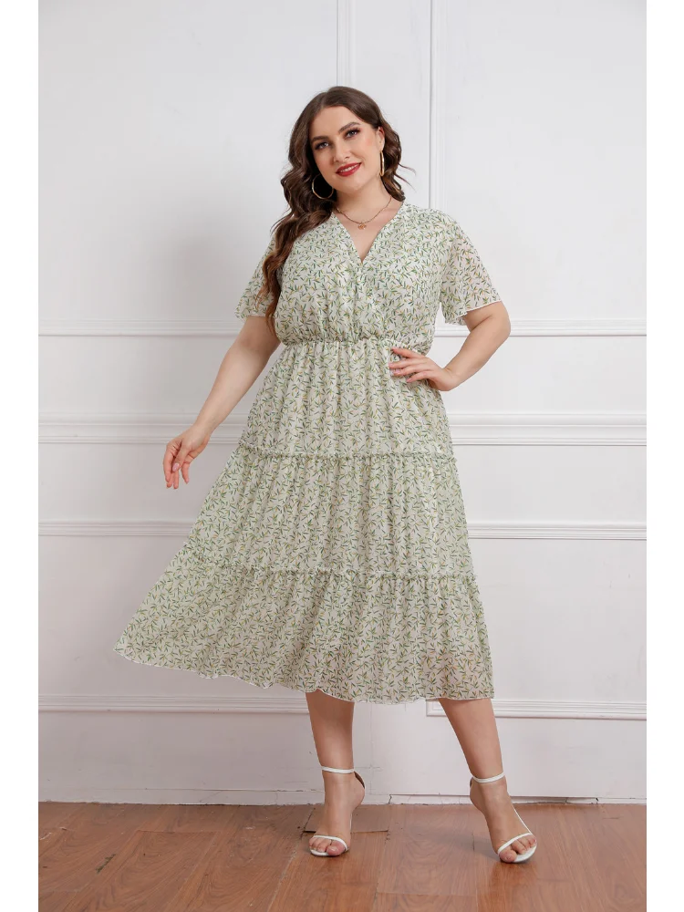 Large Women's Summer New Fat Sister V-neck Fragmented Flower Short Sleeve Chiffon Dress plus size dresses