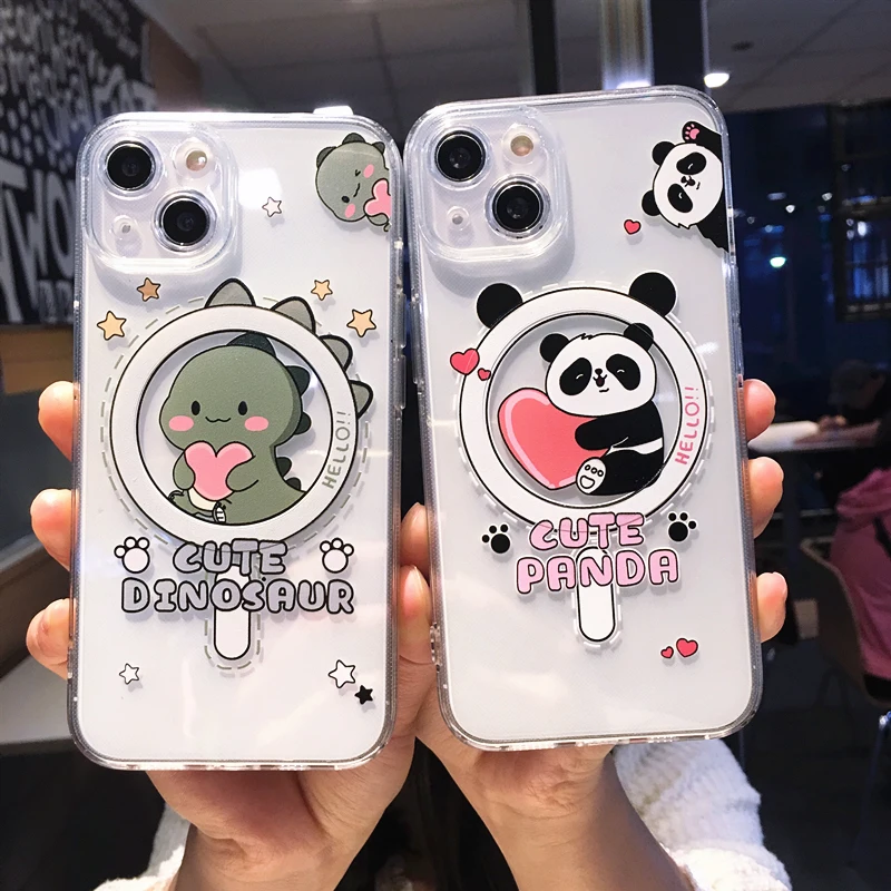 

Cute Cartoon Panda Dinosaur Pattern Magnetic Phone Case For iPhone 14 13 12 11 Pro Max 14Plus Wireless Charging Soft Back Cover