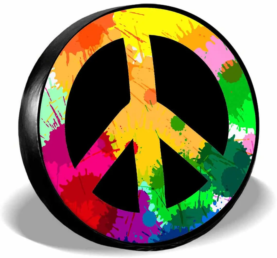 

IBILIU Tie Dye Peace Sign Full Color Spare Tire Cover,UV Sun Protectors Wheel Cover Black Tire Cover Universal Fit for Jeep,Trai