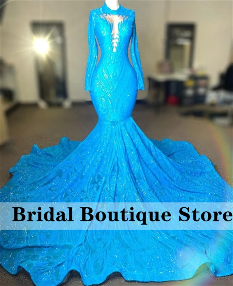 

New Arrival 2023 Sparkly Sequins Mermaid Long Prom Dresses 2023 Long Sleeve Party Gowns For Black Girls Robe De Bal Court Train