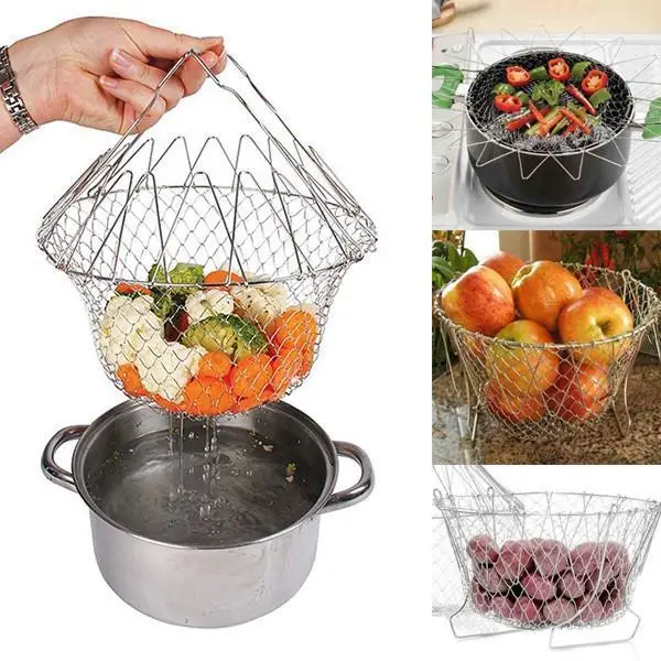 

12-In-1 Flexible Kitchen Basket 304 Stainless Steel Frying Basket Telescopic Folding Stainless Steel Foldable Fry Basket