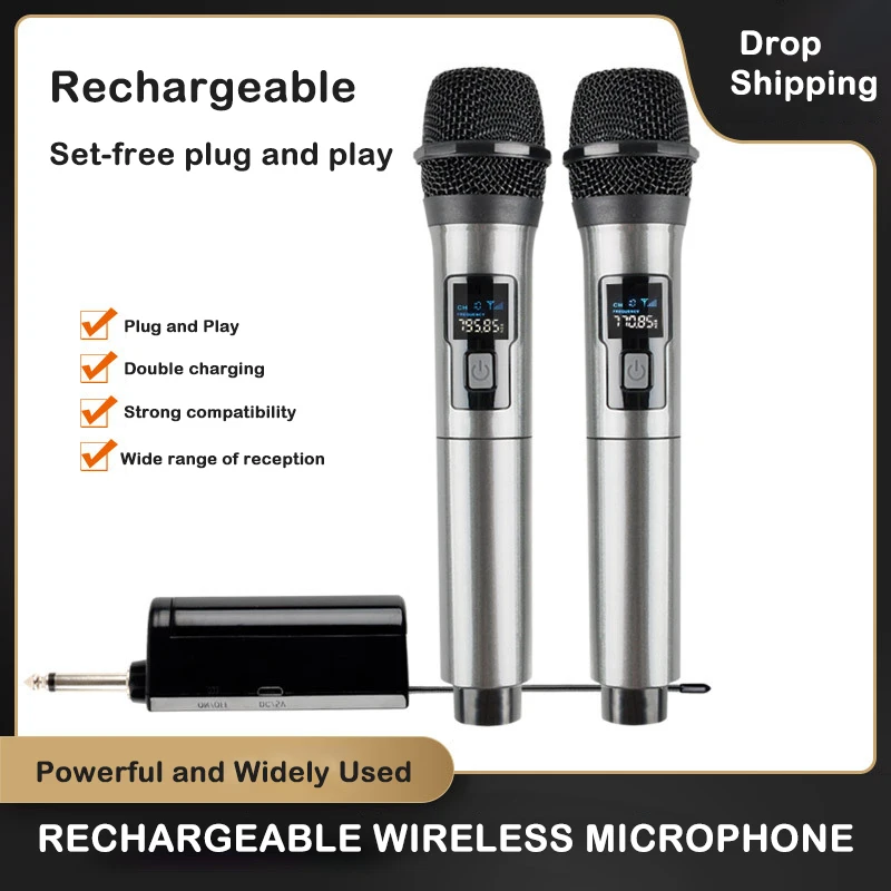 

Wireless Microphone 2 Channels UHF Fixed Frequency Handheld Mic Micphone For Party Karaoke Professional Church Show Meeting