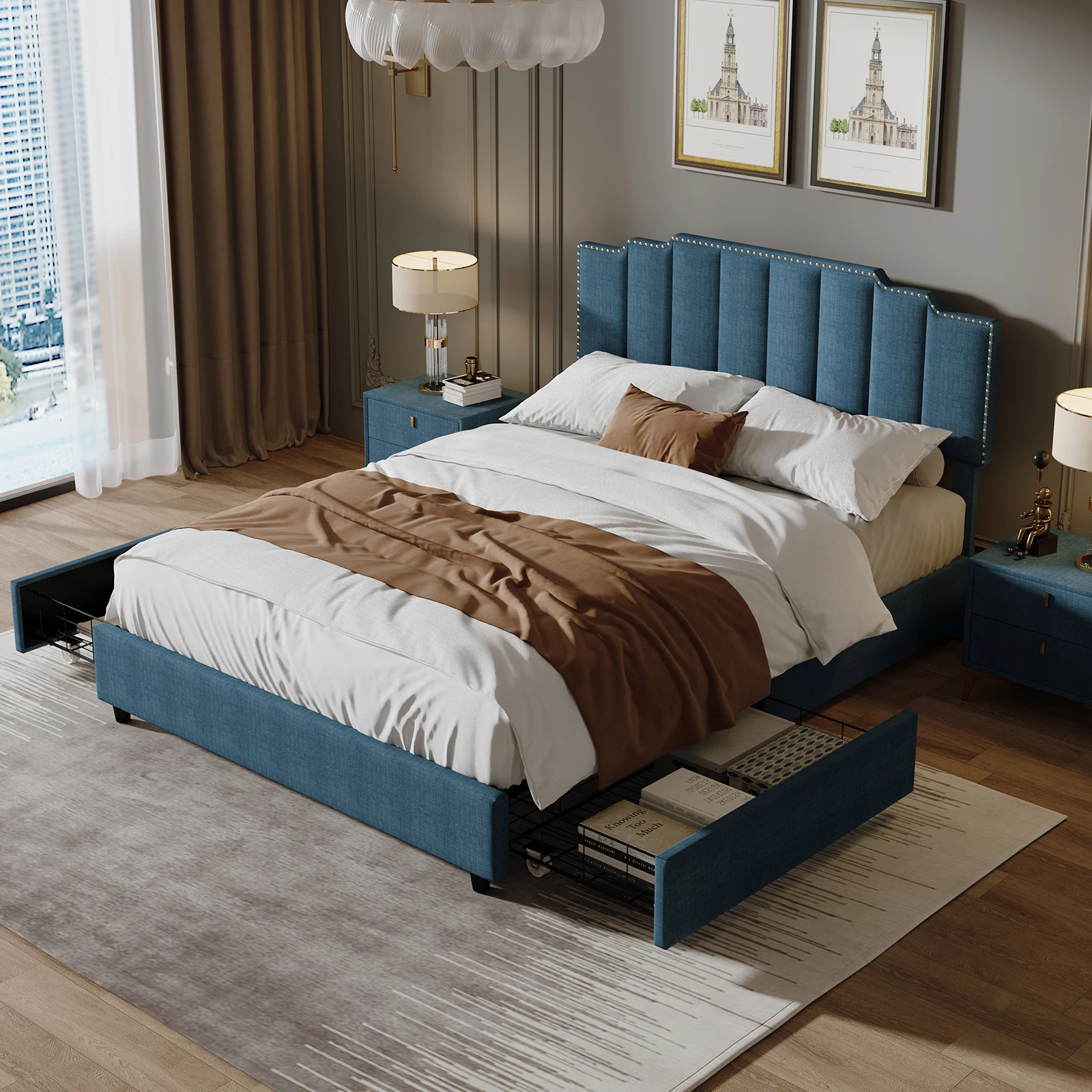 With 2 Drawers Stitched Padded Headboard With Rivets Design Strong Bed Slats