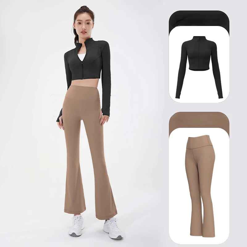 Women's Tracksuit Yoga Set Gym Training Running Sportswear Crop Top Coat Bell Bottom Pants High Waist Fitness Sports Two Piece