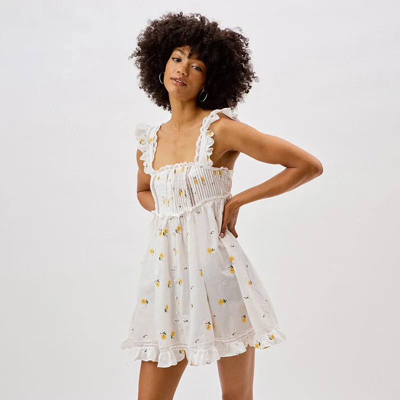 

2022 Holiday Women Strap Backless Embroidery Sexy Vocation A-line Dress