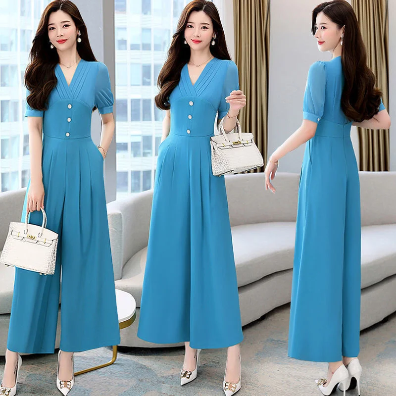 

Women's 2022 Summer New Suit One Piece Overall Jumpsuit High End Korean V-neck Bodysuit Goddess Slim Fitting Short Sleeve Romper