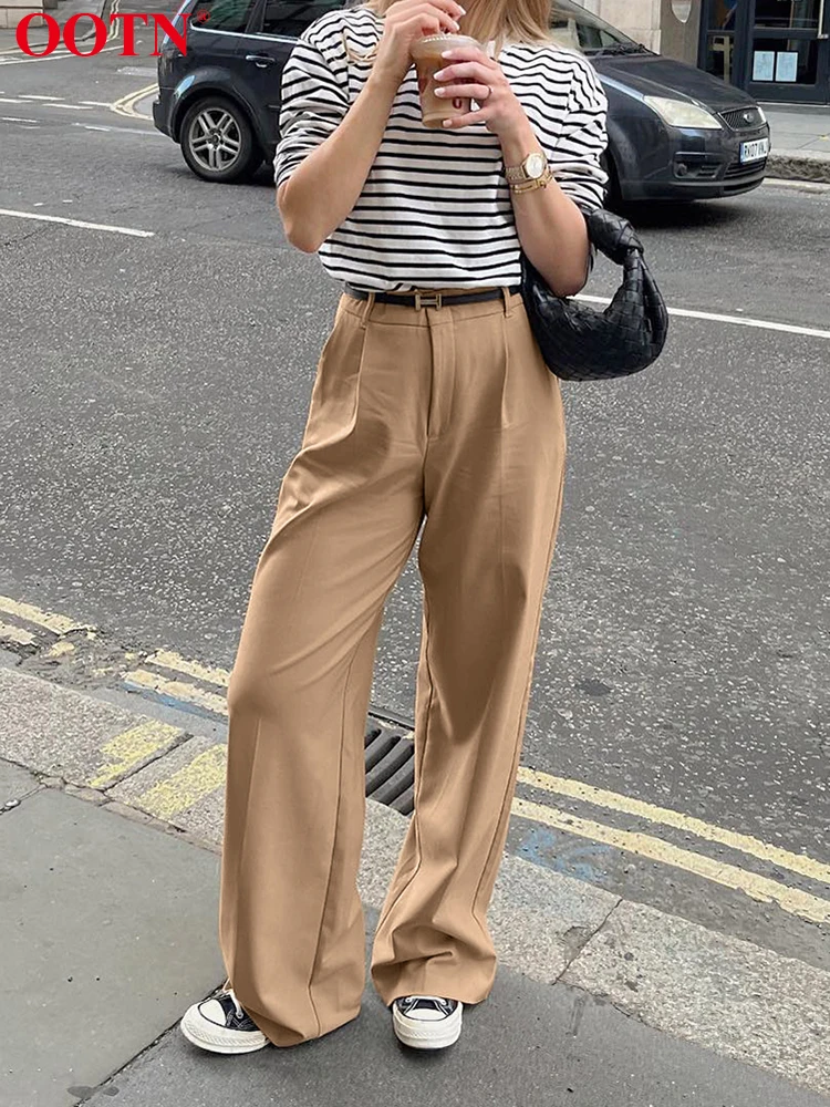 

Уличная мода OOTN, брюки цвета хаки, женские демисезонные однотонные брюки, повседневные плиссированные длинные широкие брюки, женские 2022 на ...