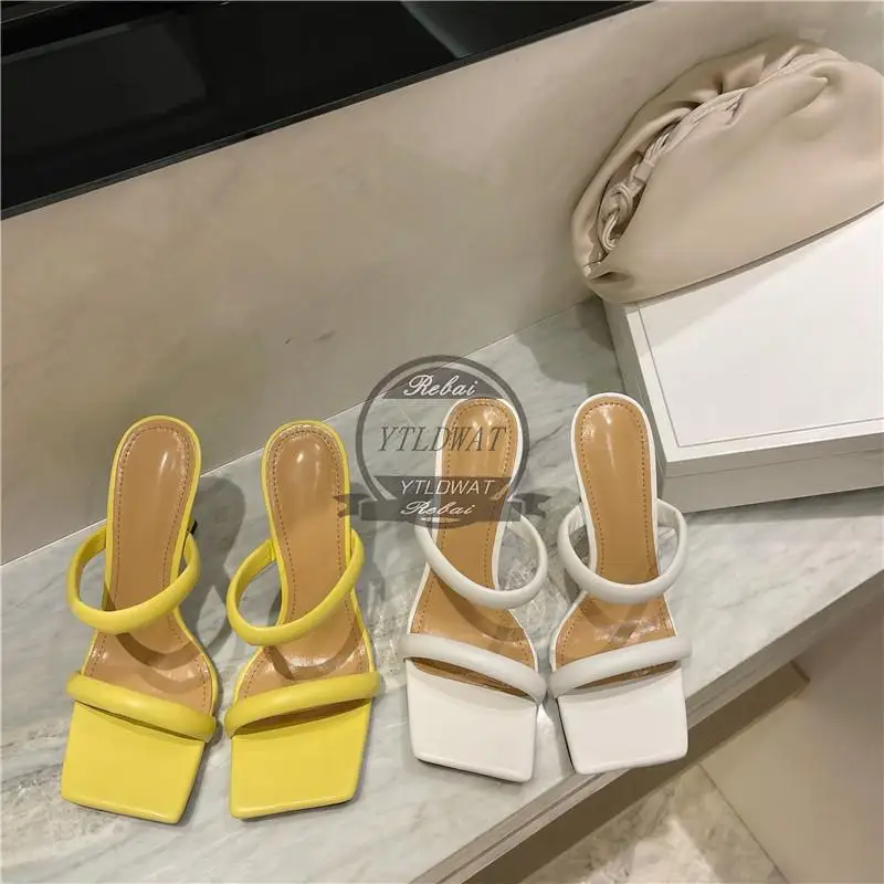 

2022 New Summer Yellow White Thin Heels Slippers Sandals Women Square Toe Mules Beach Leisure Slides Mule Feminino 36-43 Size