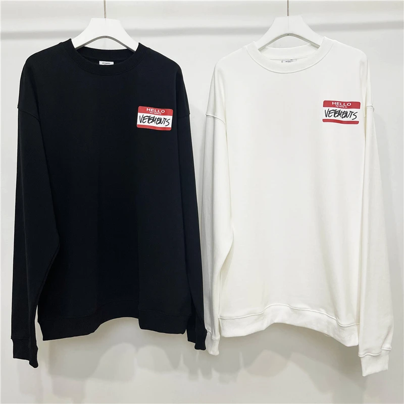 

22SS TOP hiphop Hello My Name Is Vetements Red Logo Men Women Heavy Fabric Pullovers Sweatshirt 1:1 High Quality Oversize cotton