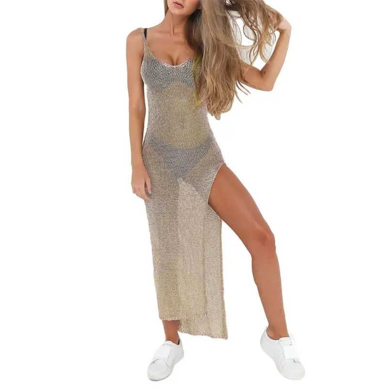 

Women Sexy Summer Sunscreen Sheer Mesh Bikini Cover Up Metallic Solid Color Backless High Slit Beach Club Party Sleeveless Dress