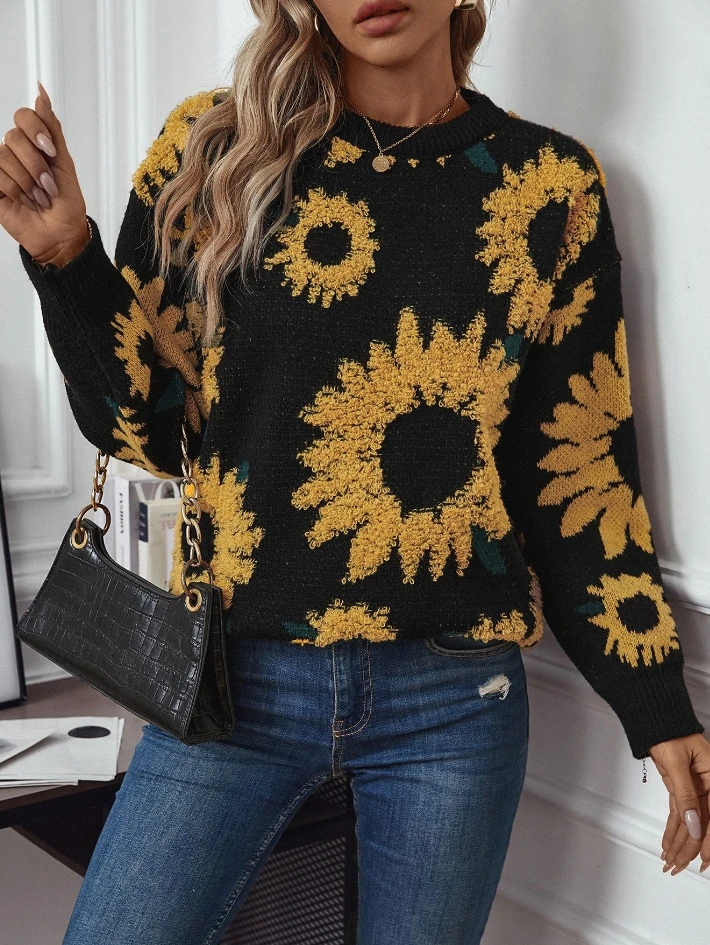 Винтажный ленивый повседневный осенний женский свитер топ с вышивкой