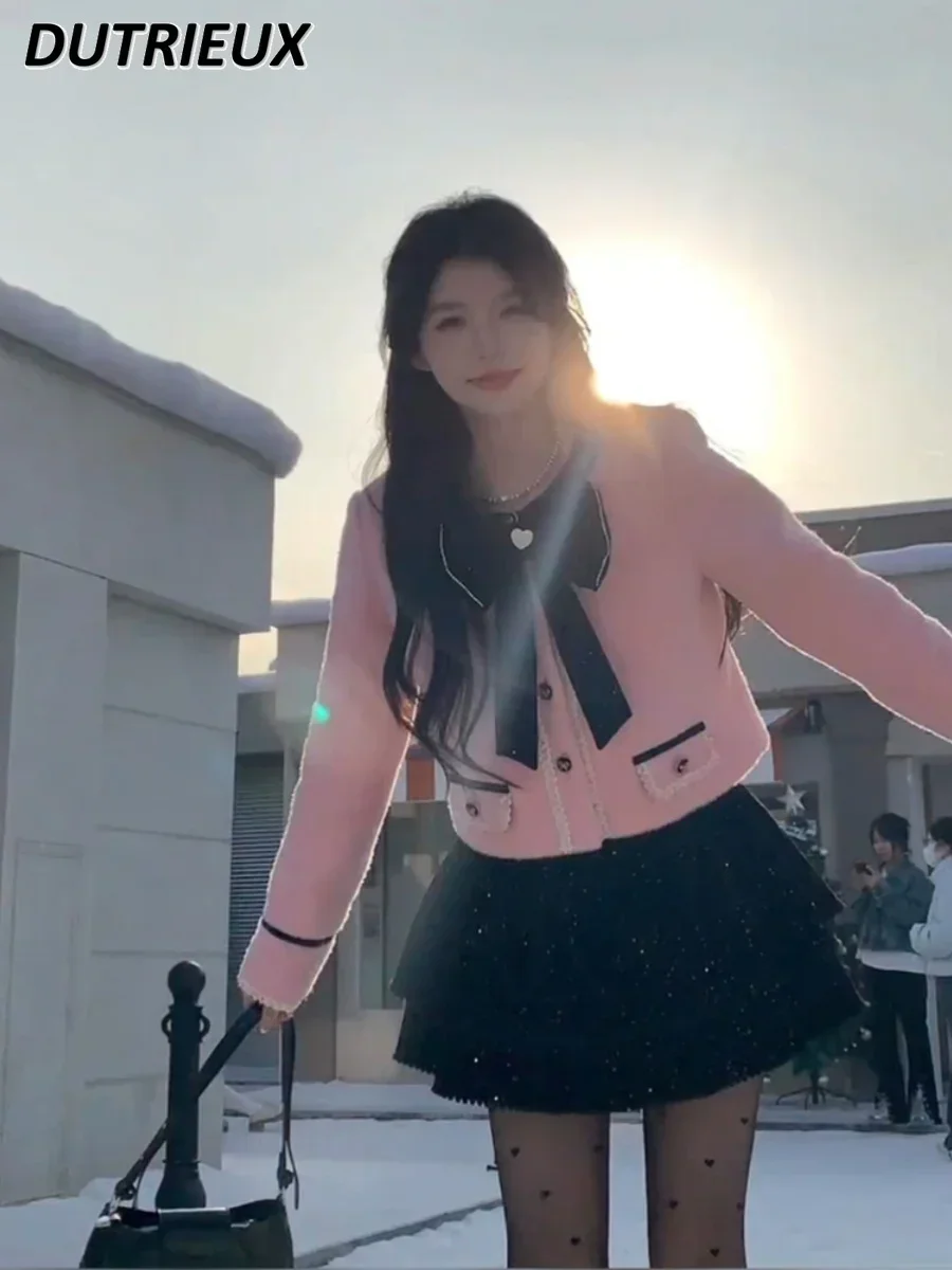 Оверсайз милое розовое шерстяное пальто во французском стиле с длинными