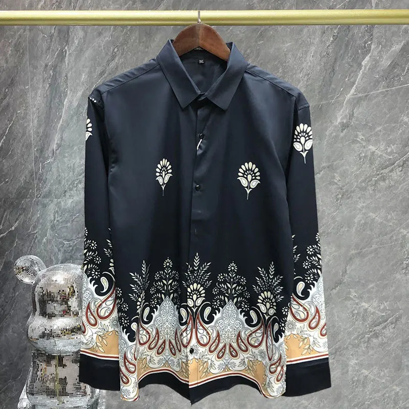 

Cashew Flower Vintage Printed Long Sleeve Shirt Holiday Casual Dress Blouse Brand Clothes Hawaiian Shirt Chemise Homme Loose