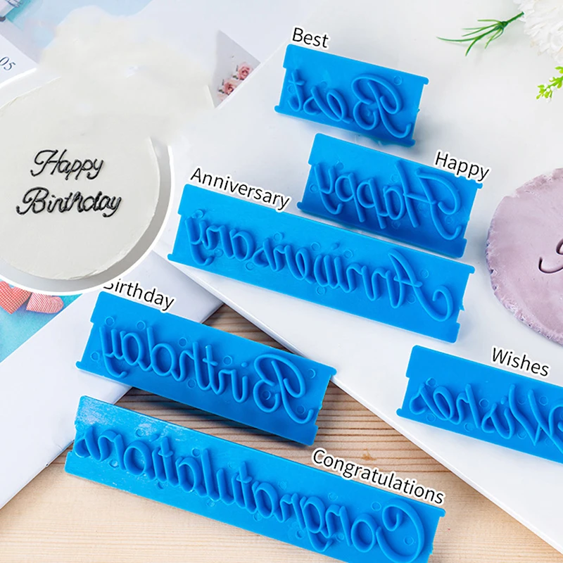 

6pcs Fondant Mold Plastic Alphabet Handwriting Embosser Baking Cookie Cutter Cake Biscuit Mold Happy Birthday Decoration Tool