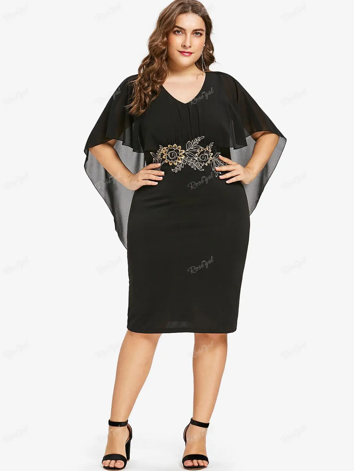 

ROSEGAL Plus Size Floral Embroidery Sheer Sheath Dress Black Semi Transparent Capelet Dress For Women Casual V-Neck Vestidos 5XL